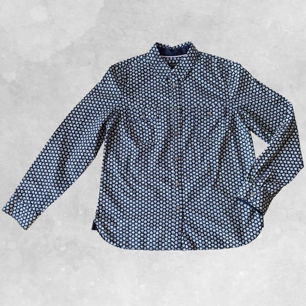 Talbots Cotton Blouse Women's 14 Long Sleeve Navy Blue Purple Turquoise Print